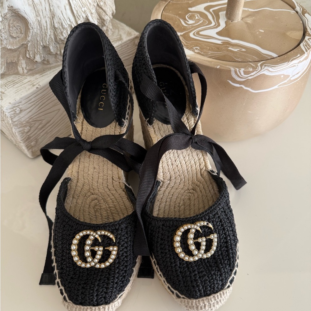 Gucci Black Crochet Espadrilles with Pearl Emblem